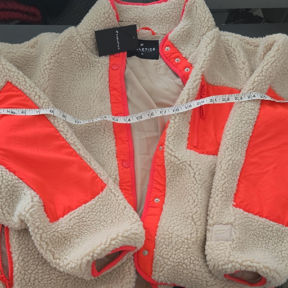Fabletics Teddy Tahoe Jacket in Sand Cream with Neon Coral, New